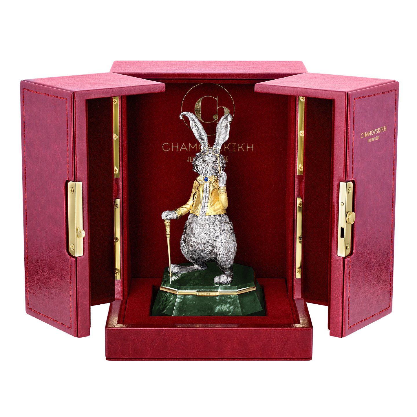Silver table sculpture "Wise Rabbit" on jade