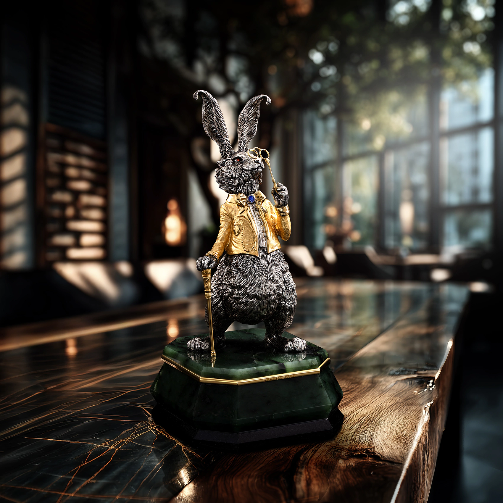 Silver table sculpture "Wise Rabbit" on jade