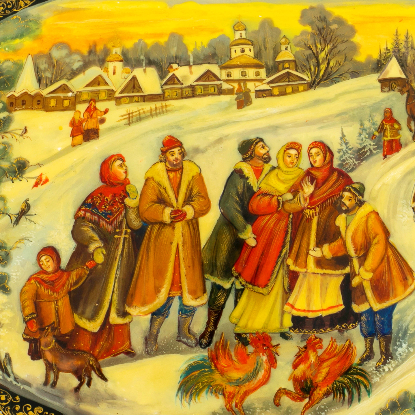 Шкатулка "Бой петухов" Белова, Палех