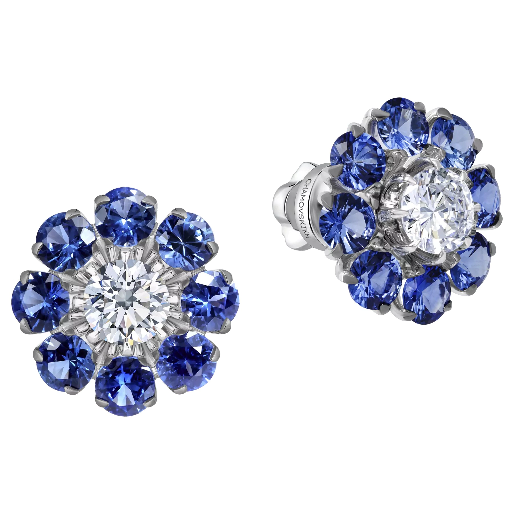 Серьги-пусеты из белого золота с бриллиантами и сапфирами