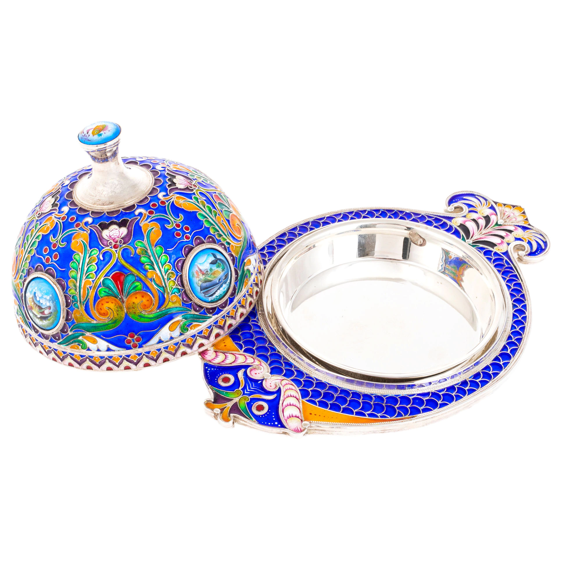 Икорница из серебра "Золотая рыбка" с эмалью, финифть