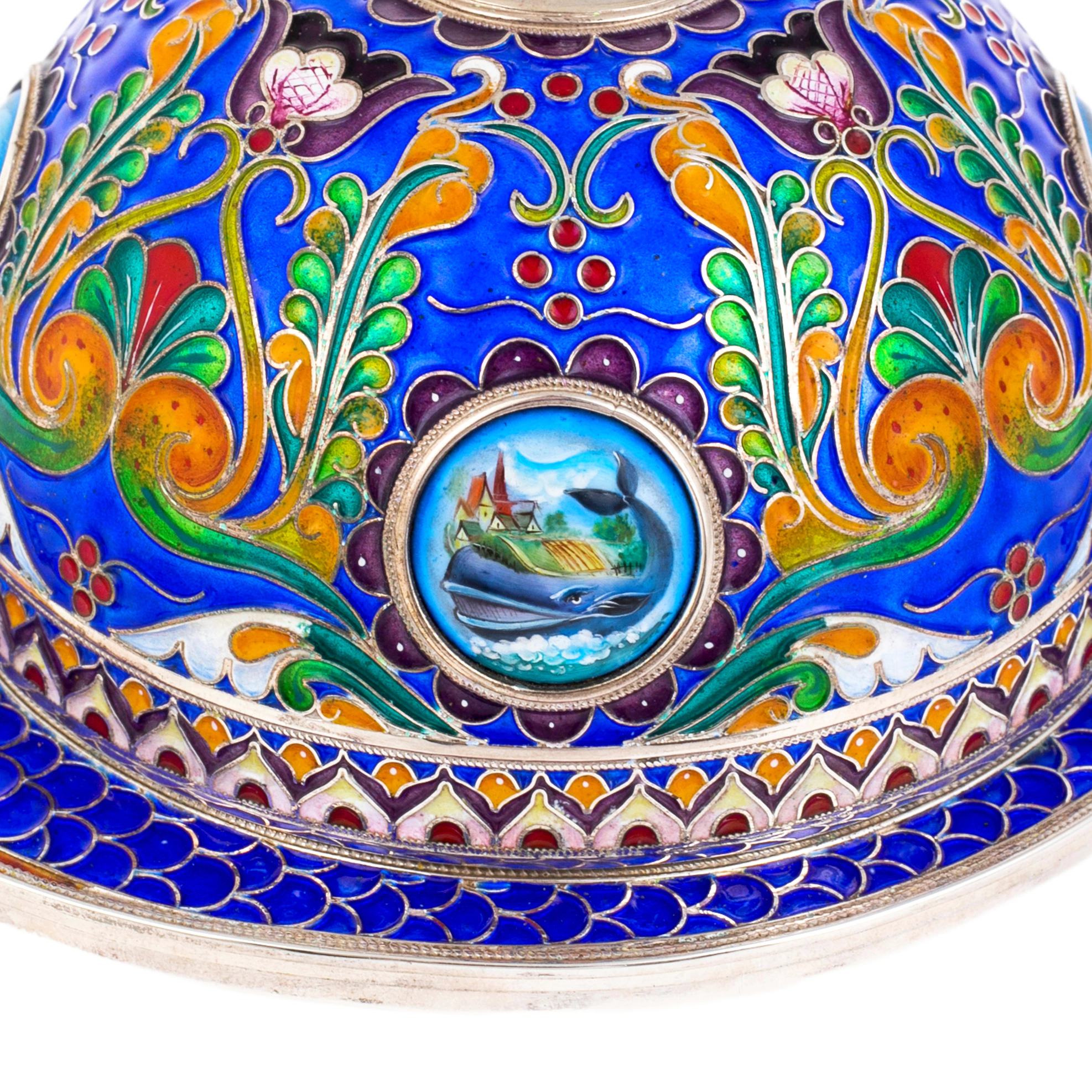 Икорница из серебра "Золотая рыбка" с эмалью, финифть