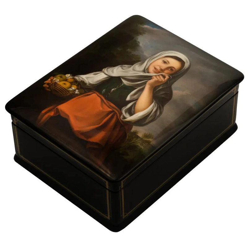 Шкатулка "Девочка с корзиной фруктов" Бобровник, Федоскино
