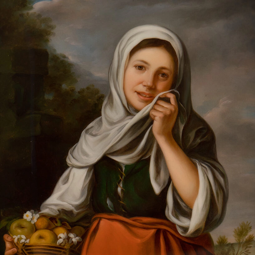 Шкатулка "Девочка с корзиной фруктов" Бобровник, Федоскино