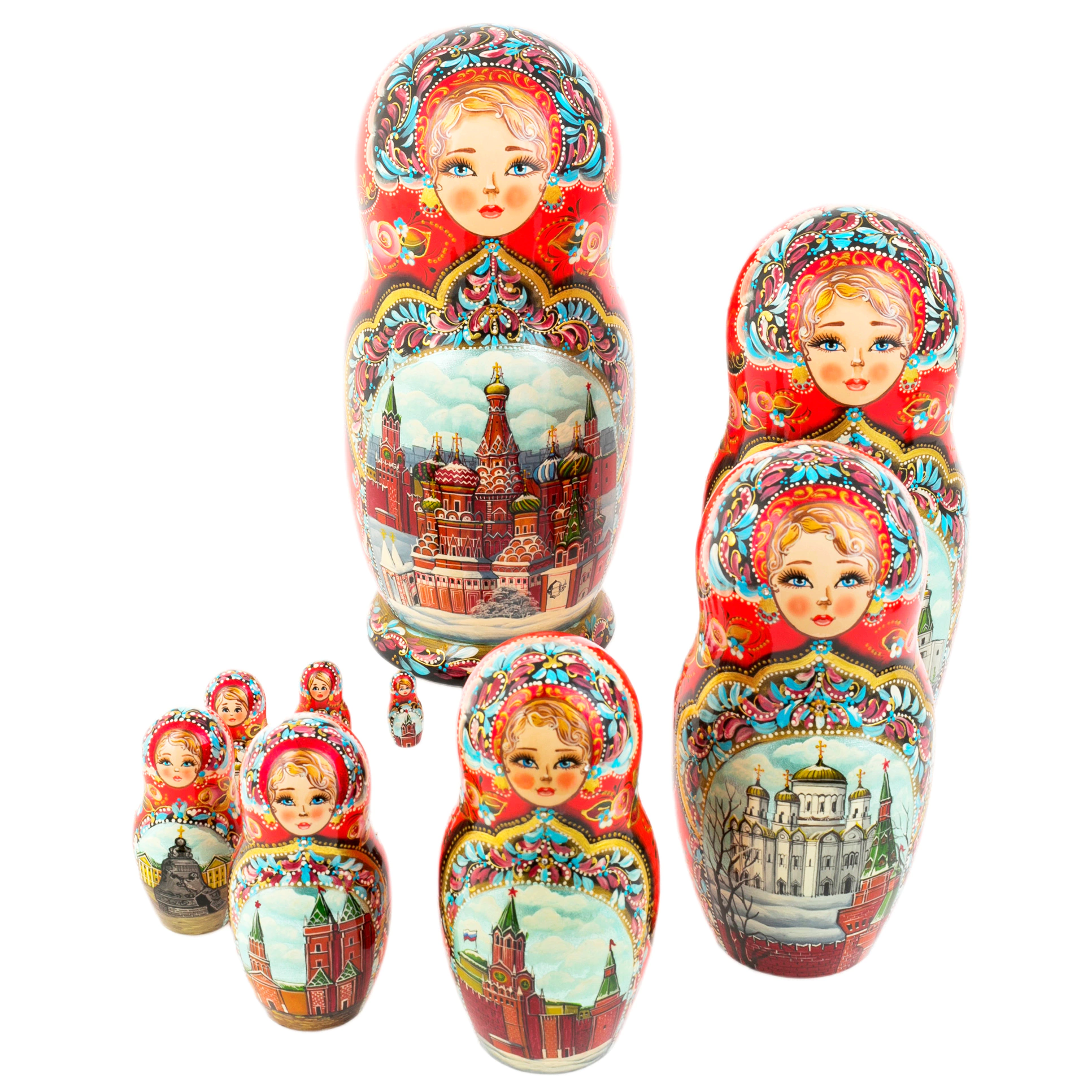 Матрешка на 10 мест "Букет. Зимняя Москва" 32 см