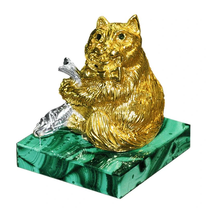 Статуэтка из бронзы "Кот" на малахитовой подставке