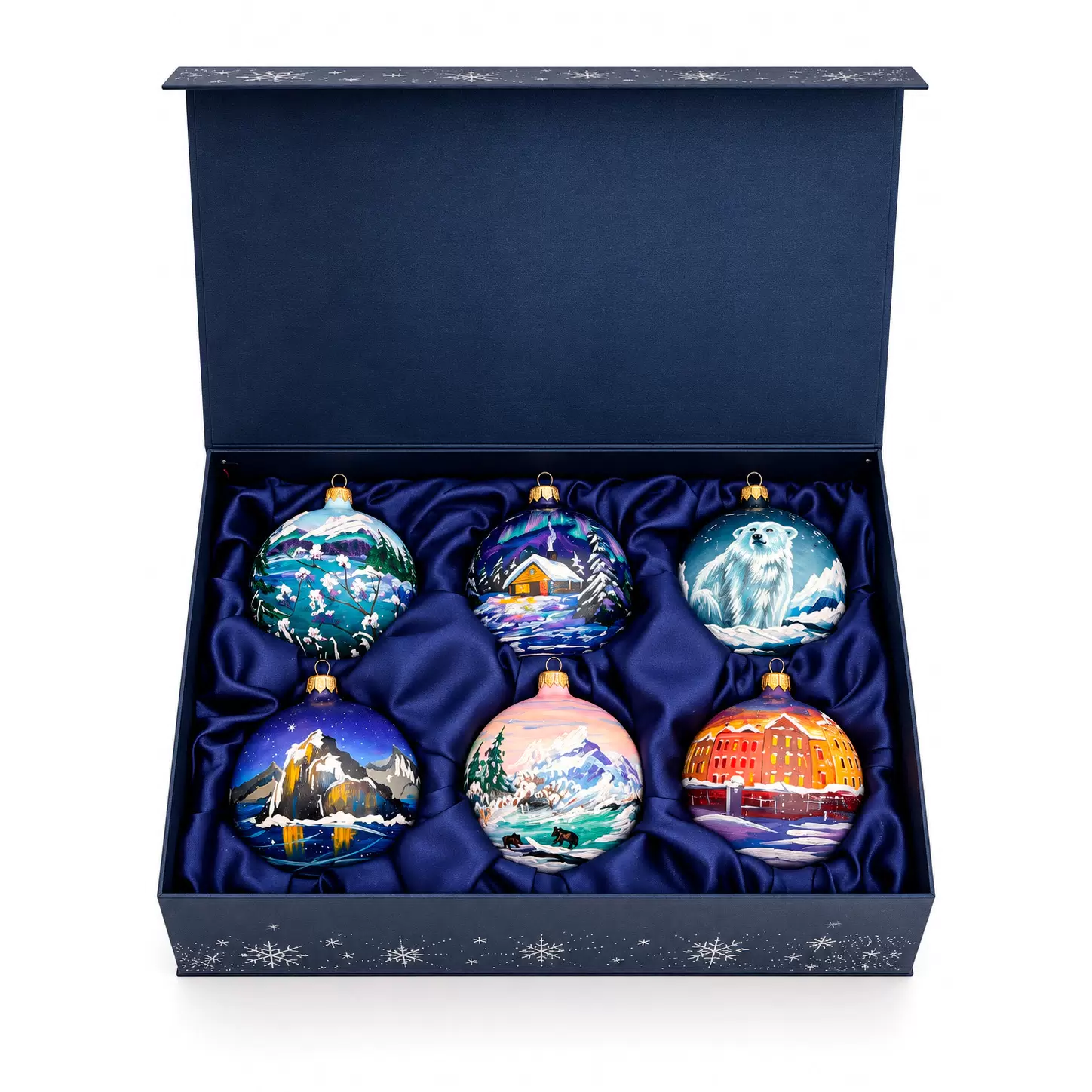 Set of 6 Christmas tree balls "North of Russia" in a musical painted box