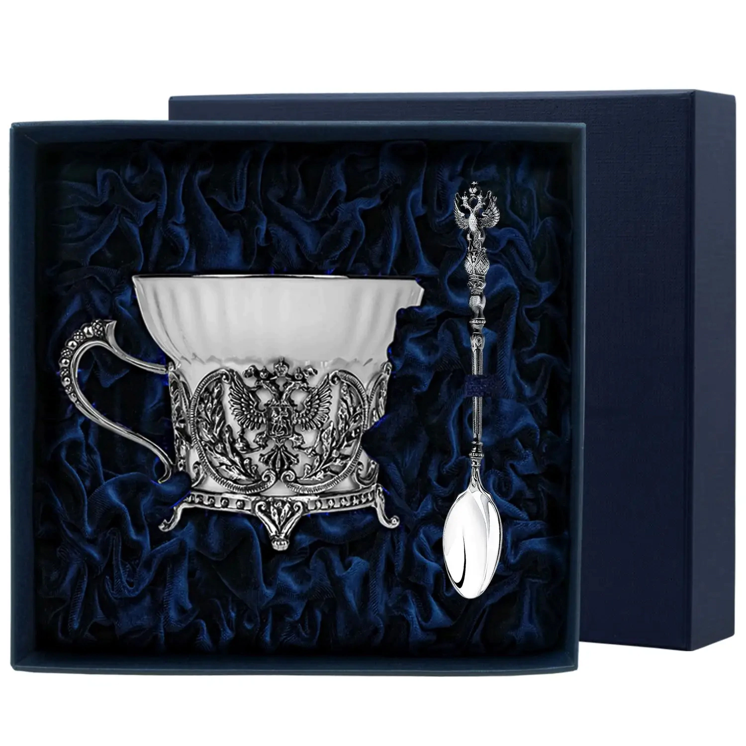 Silver tea cup "Coat of Arms" with a spoon, blackening