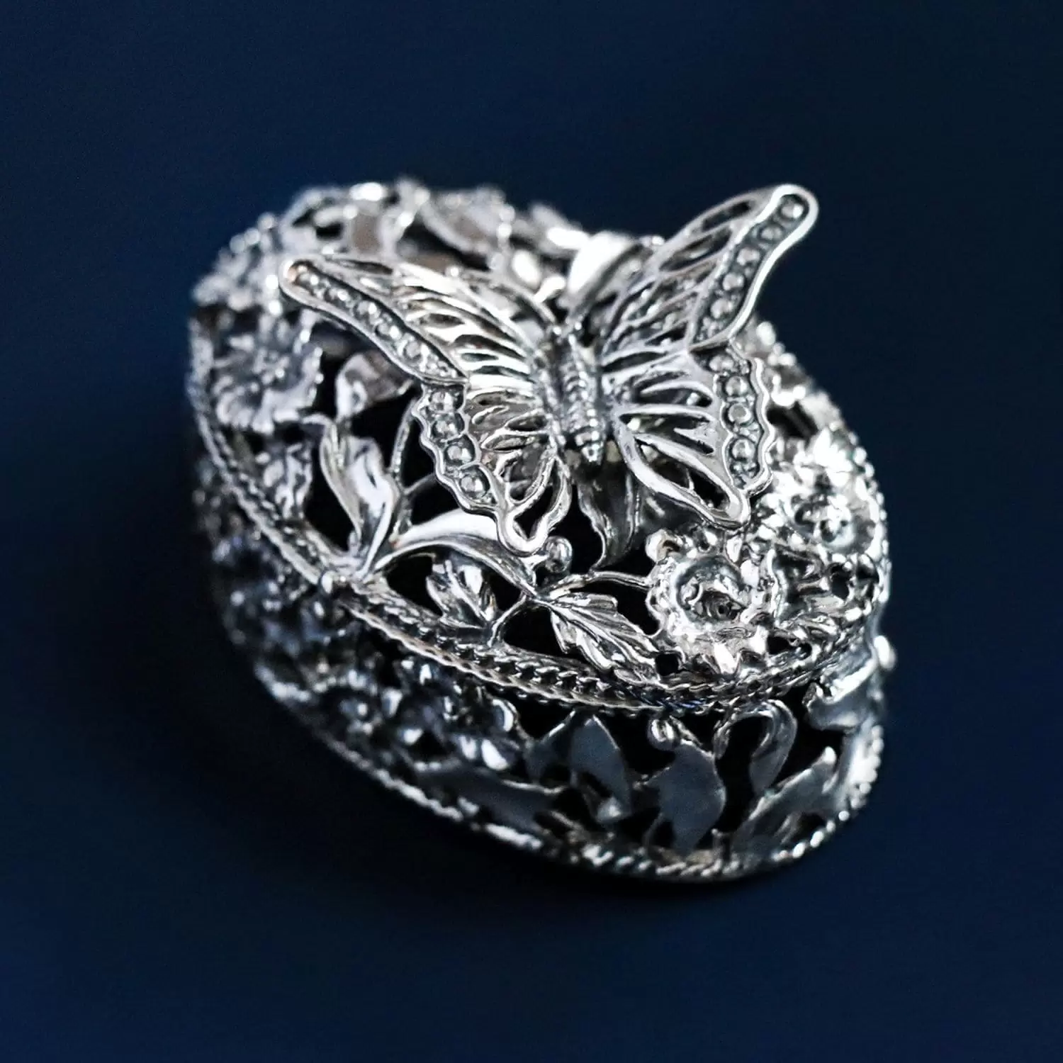 Silver Butterfly jewelry box with blackening