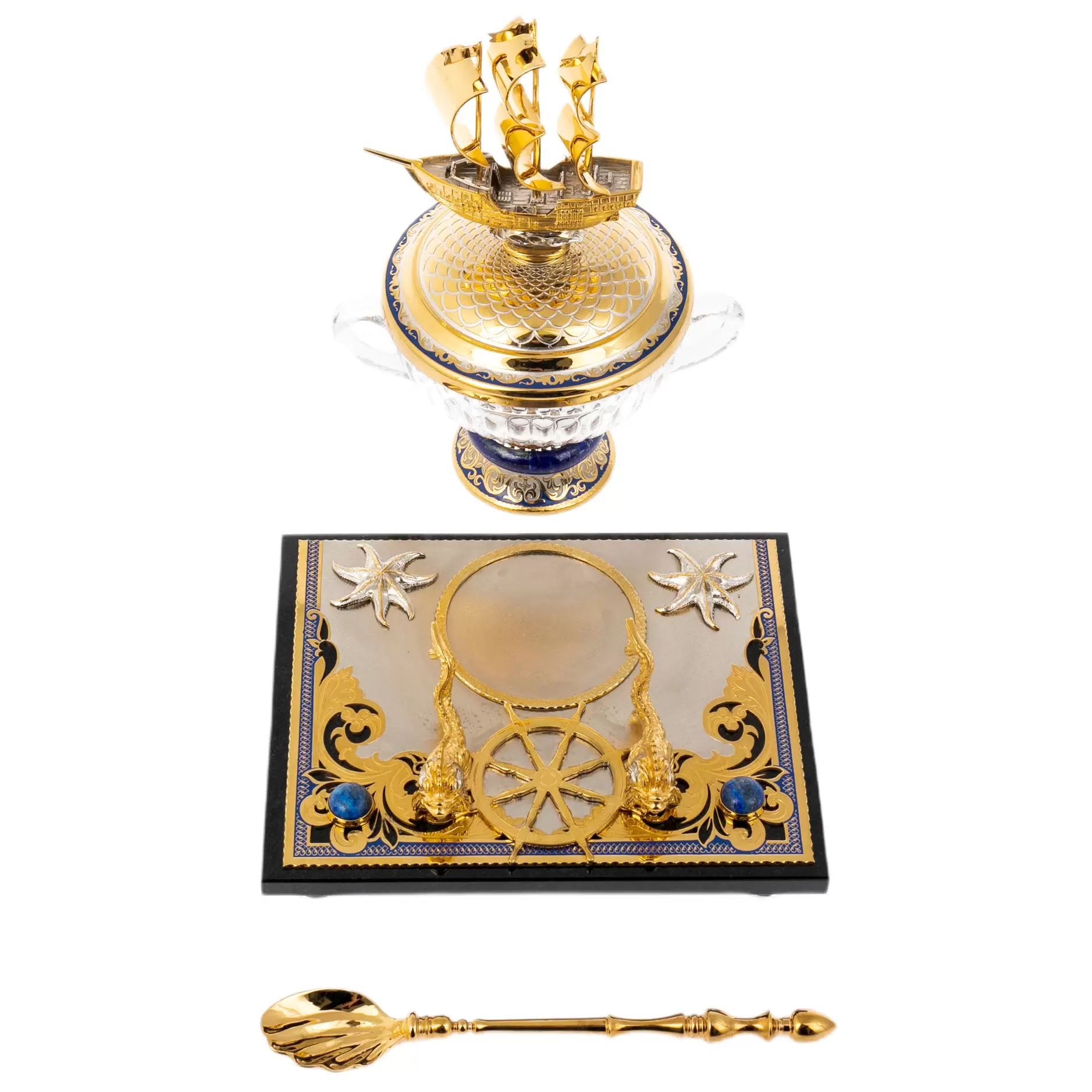 Икорница на декоративной подставке "Корабль" Златоуст