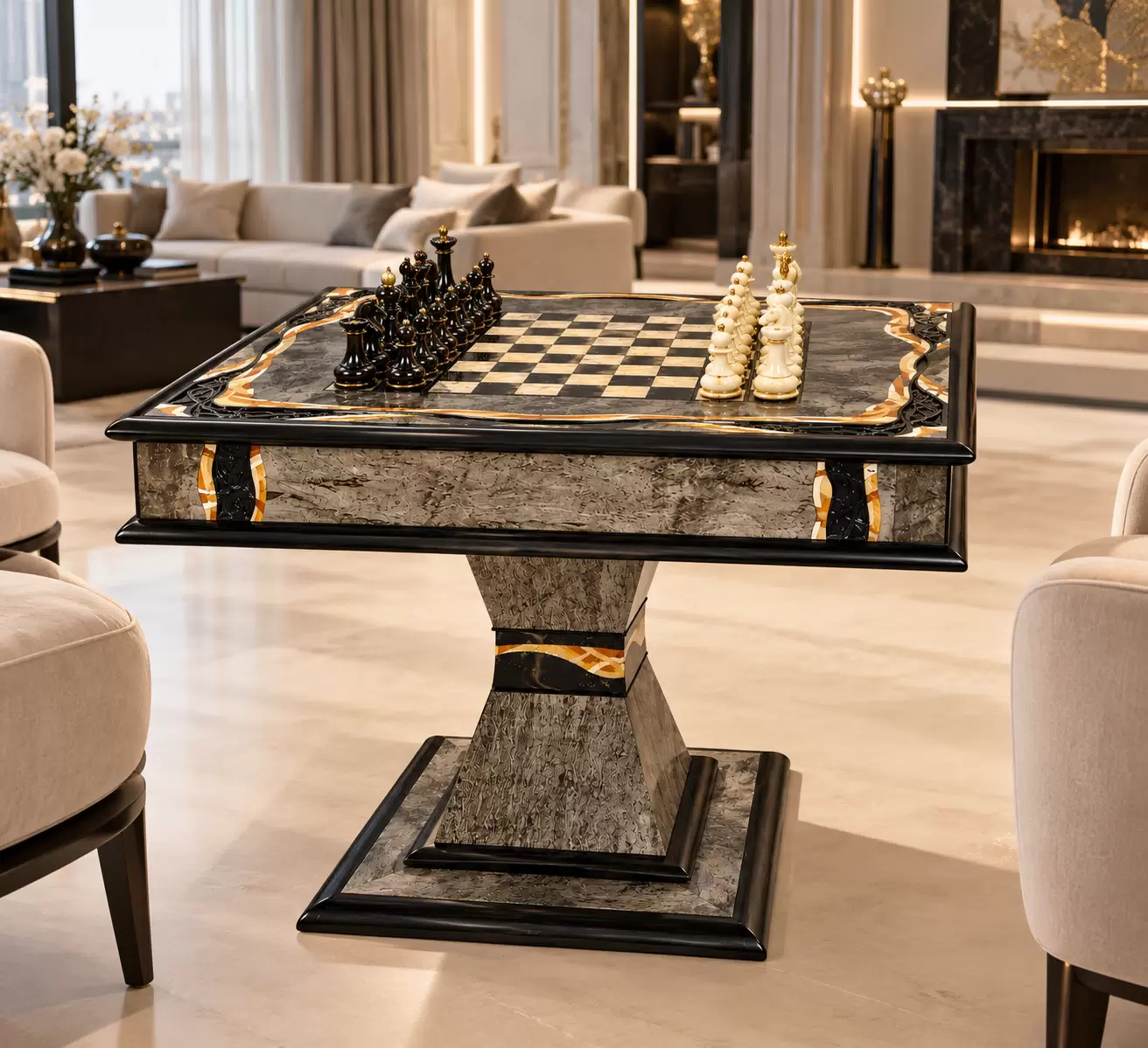 Chess table made of Karelian birch and amber "Infiniti"